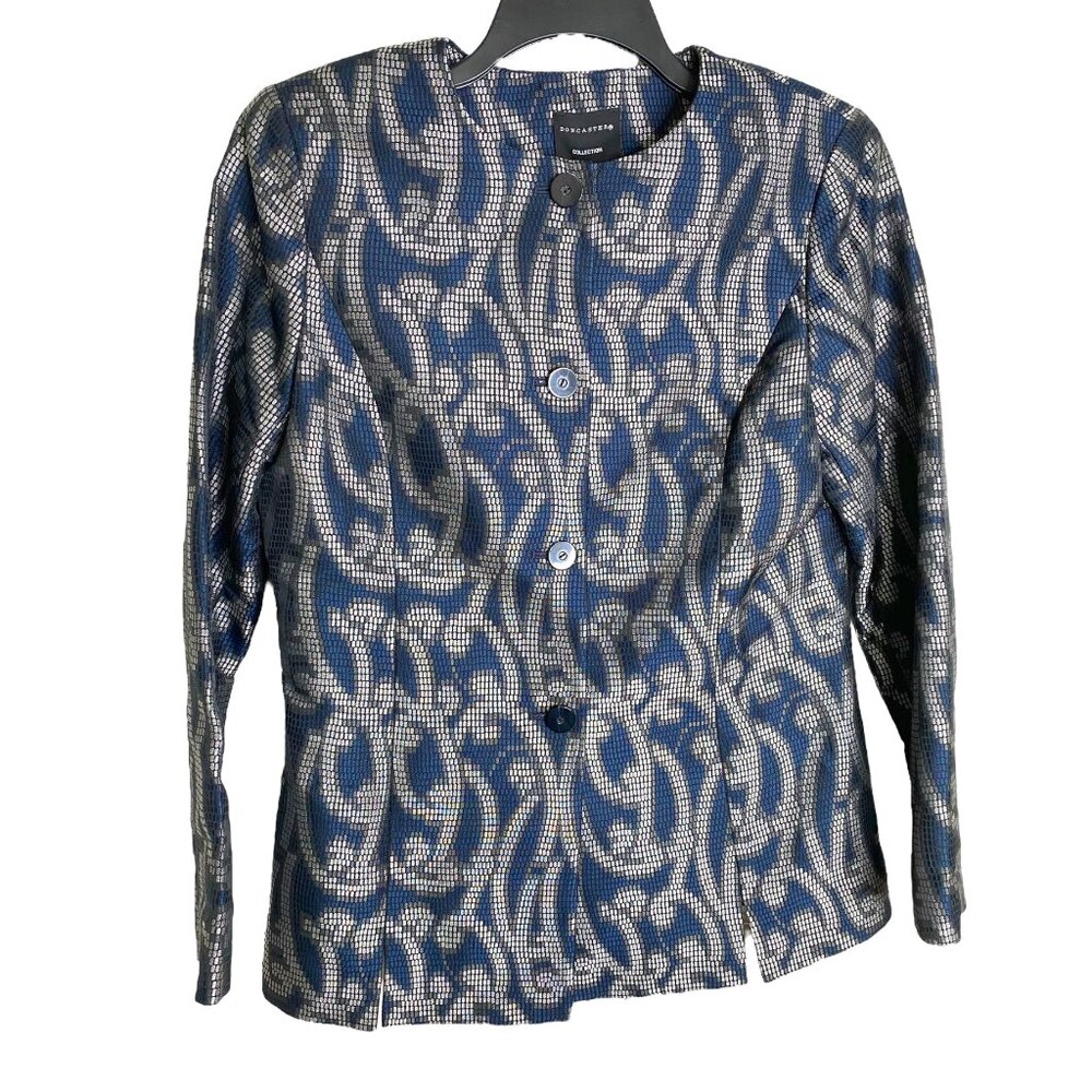Doncaster Collection Blue & Silver Jacquard Button-Front Blazer - Size 12 Office